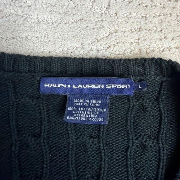 Women's Ralph Lauren Sport Large Black Cotton Cable Knute V Neck Sweater Preppy - Picture 3 of 6
